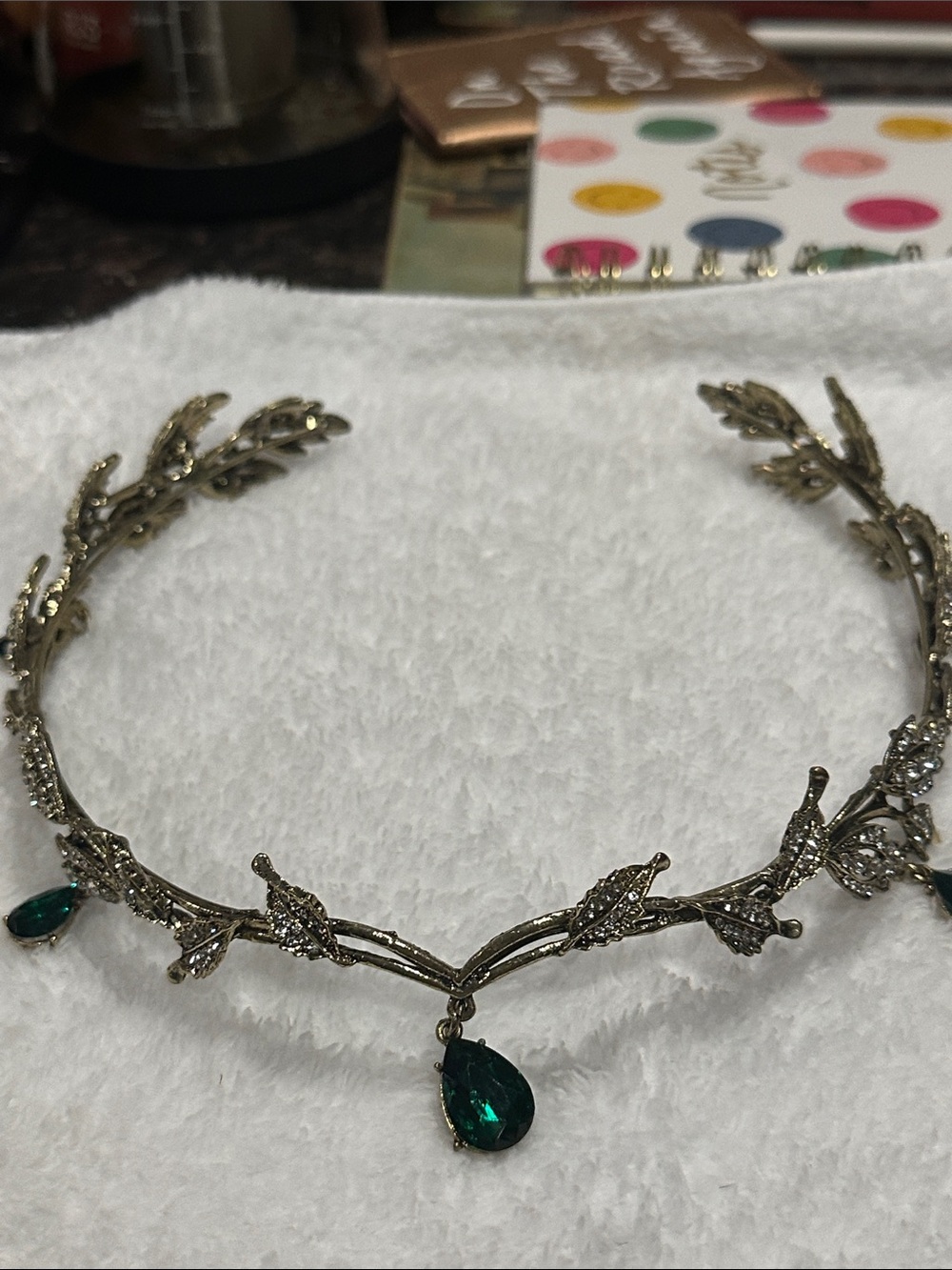 Octavia’s Crystal Drop Head Band in Antique Gold & Green Crystal